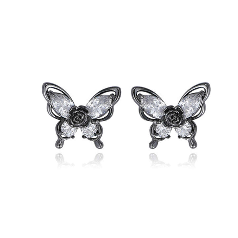 Gun Black Rose Butterfly Earrings for Women, Light Luxury Niche Design, Dark High-End Feel, Exquisite and Petite Ear Jewelry