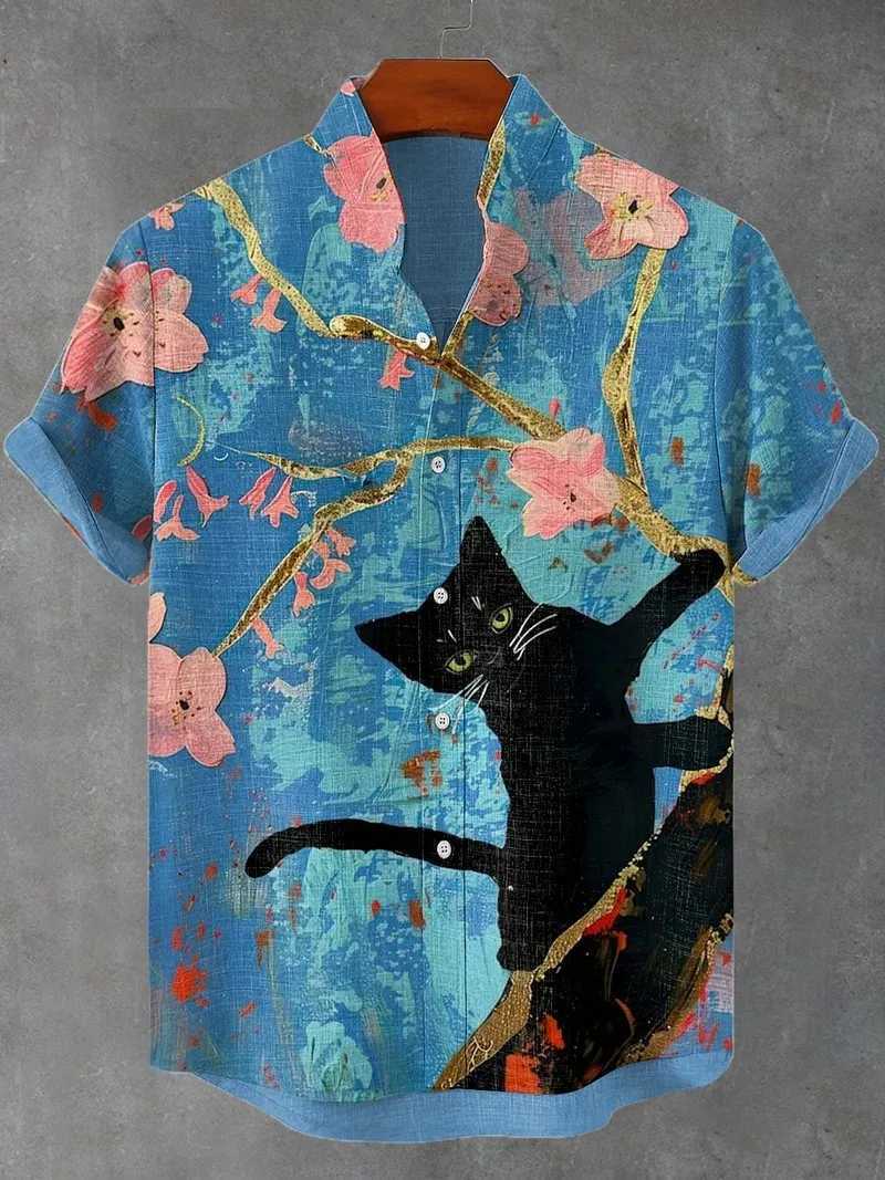 Mens cat graphic shirt short sleeved button up collar shirt summer oversized top vacation casual Hawaiian shirt X250410