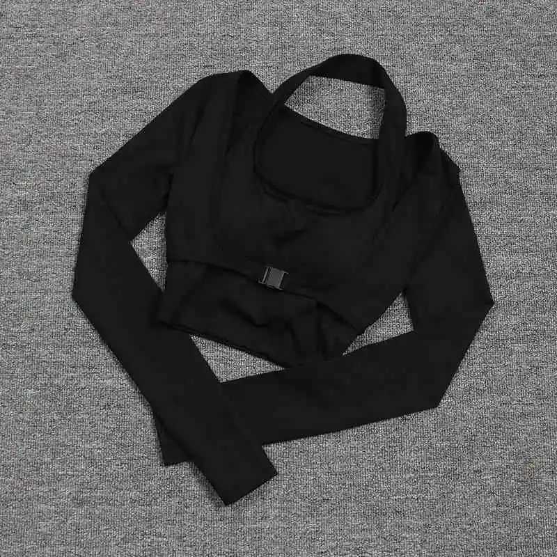 Wholesale customized blank 2-in-1 yoga crop womens long sleeved camisole bra top rib Agraffe fitness suitXJ250410