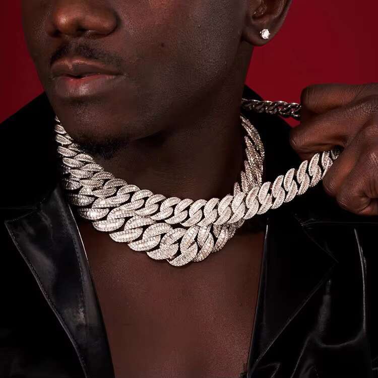 RTS Luxury Necklaces 925 Sterling Silver Baguette Moissanite Diamond Cuban Link Chain Hip Hop Necklace