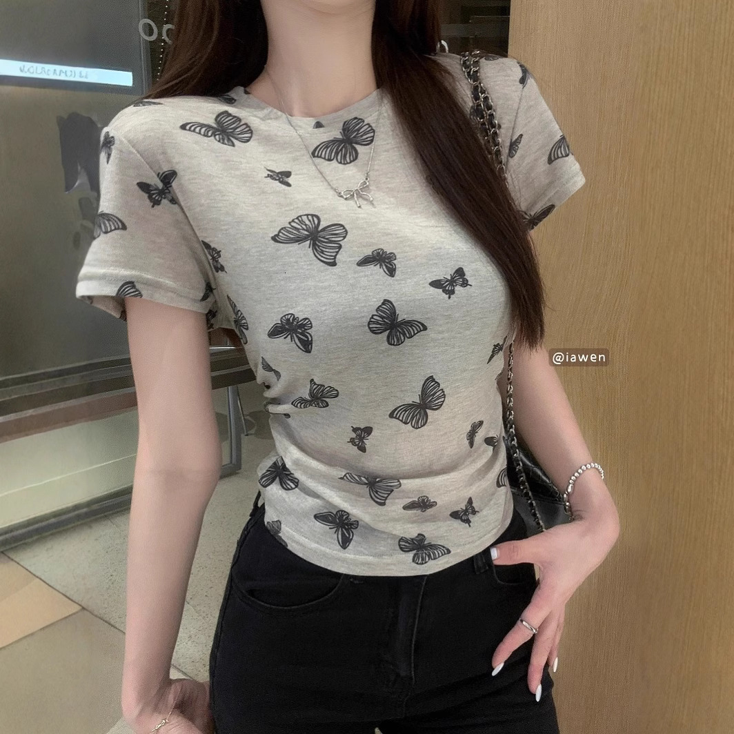 2025S Designer Women S T Shirt Butterfly Print Pleated Round Neck Sleeved T Shirt For Women In Summer New Waist Cinching And Slimming Short Style Pull