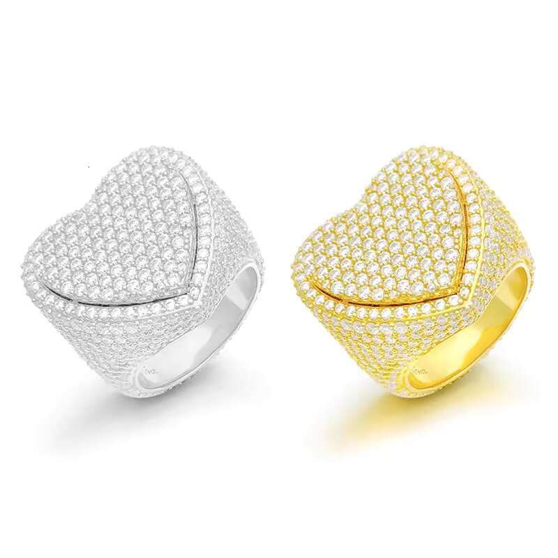 Hip Hop Gold Plated Jewelry Iced Out Diamonds Small Round Moissanite Heart Ring for Men