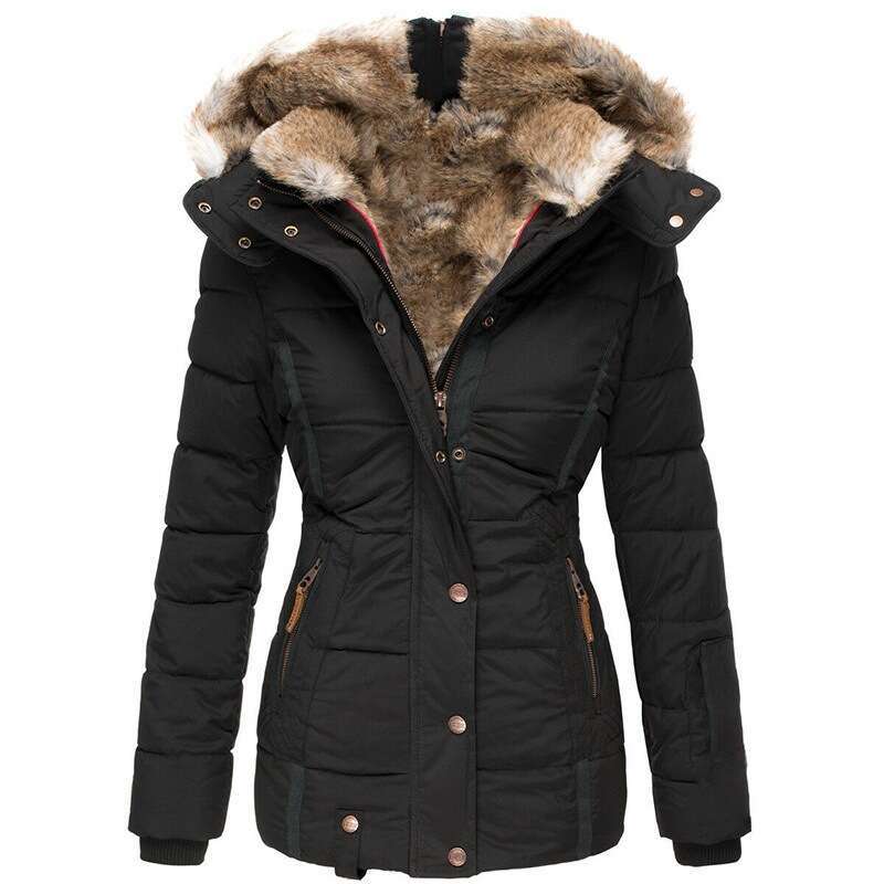 New Winter Warm Fur Collar Jacket for Women Zipper Long Sleeve Slim Fit Cotton Coat with Hood