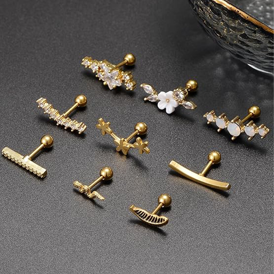 9 Pcs Cartilage CZ Stud Earrings Conch Forward Helix Tragus Daith Piercing Lip Rings Snake Heart Butterfly Jewelry for Women Men 16G Gold Tone