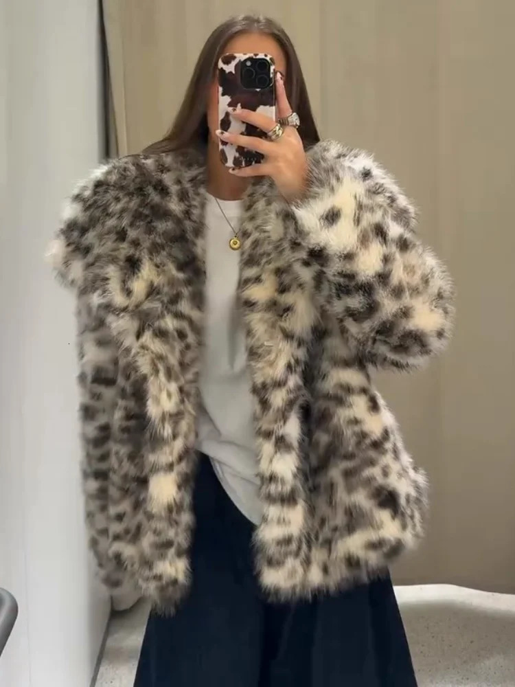 Winter Animal Leopard Printed Faux Fur Jacket For Women y Y2K Long Sleeve Warmth Coats Lady High Street Chic Outerwear 251110