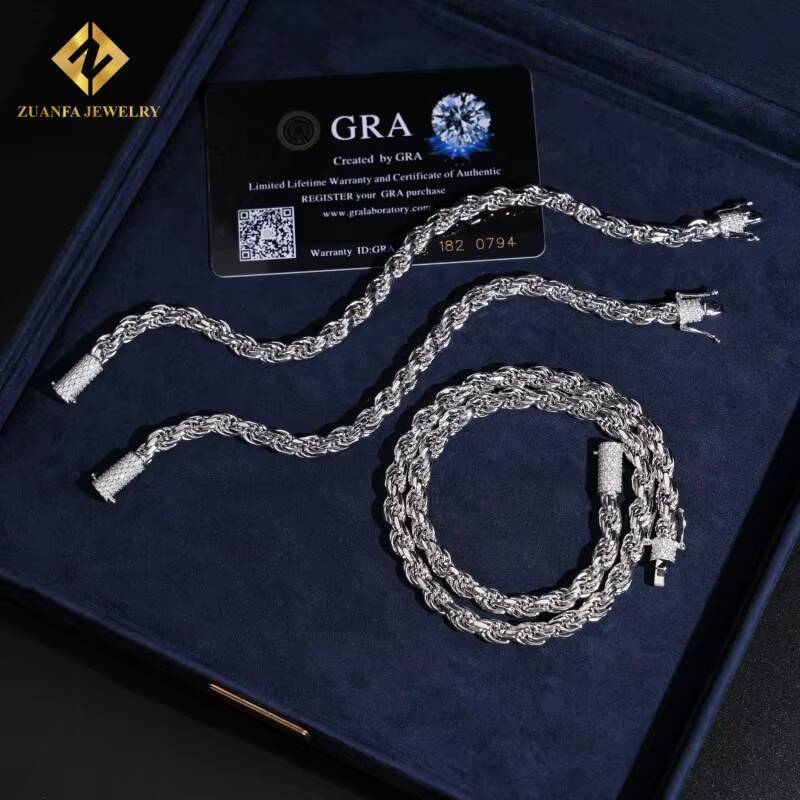 Fashion Hip Hop Style 6mm Rope Chain 925 Sterling Silver VVS1 Moissanite Cuban Link Chain Necklace Pass Diamond Tester with GRA