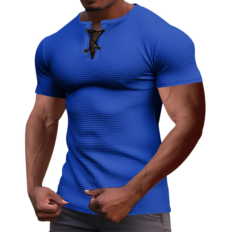 2024 summer sports slim fit mens short sleeved T-shirt breathable mens tied rope Henry shirt top