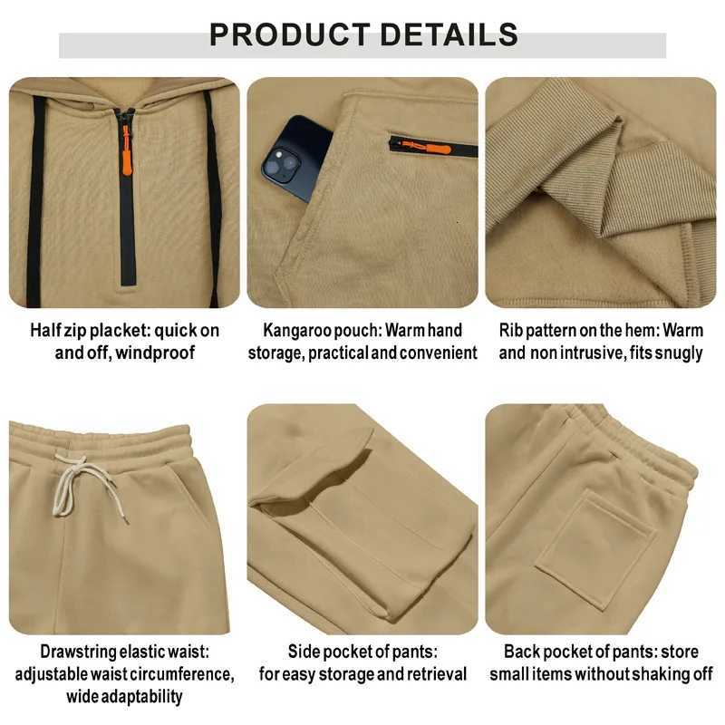 Mens Fleece Tracksuit Half-Zip Hooded Sweatshirt Set Drawstring Waist Multi-Pockets for autumn and winter Casual Outdoor Home W251110