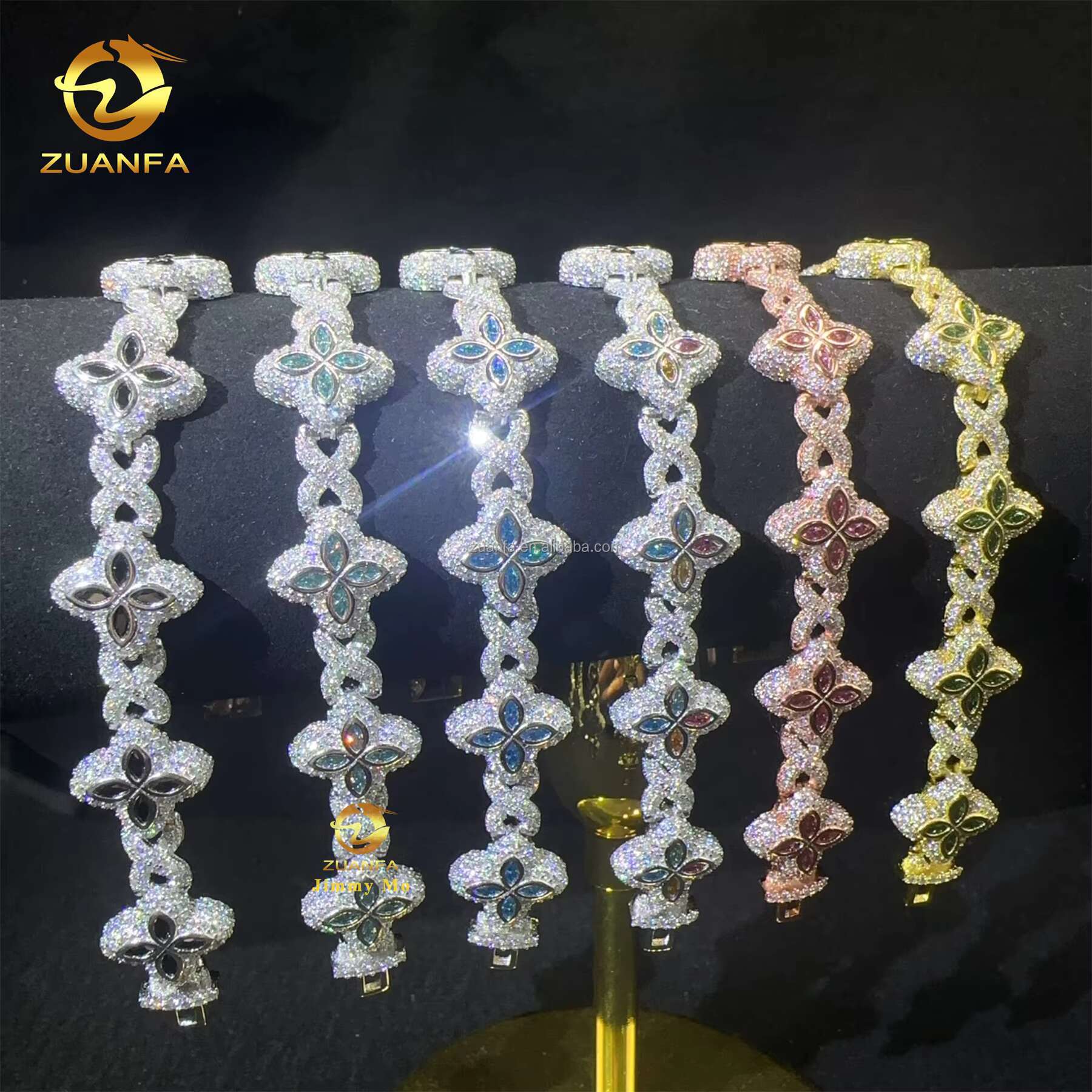 Bulk Stock New Design 15mm Marquise Flower Design Hip Hop Jewelry Iced Out Moissanite Diamond Infinity Cuban Link Bracelet Men