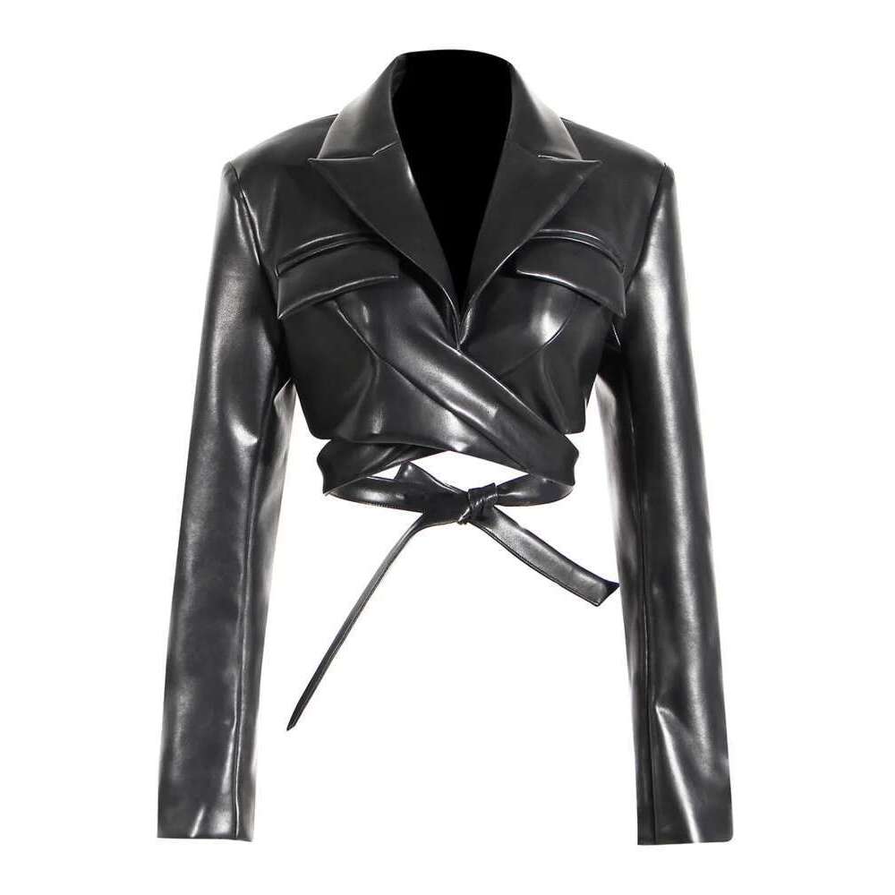 DEAT Fashion Women's Jackets Lapel Collar Slim Cross Lace Up Waist Long Sleeve PU Leather Short Coat Autumn 2025 New 17A2947