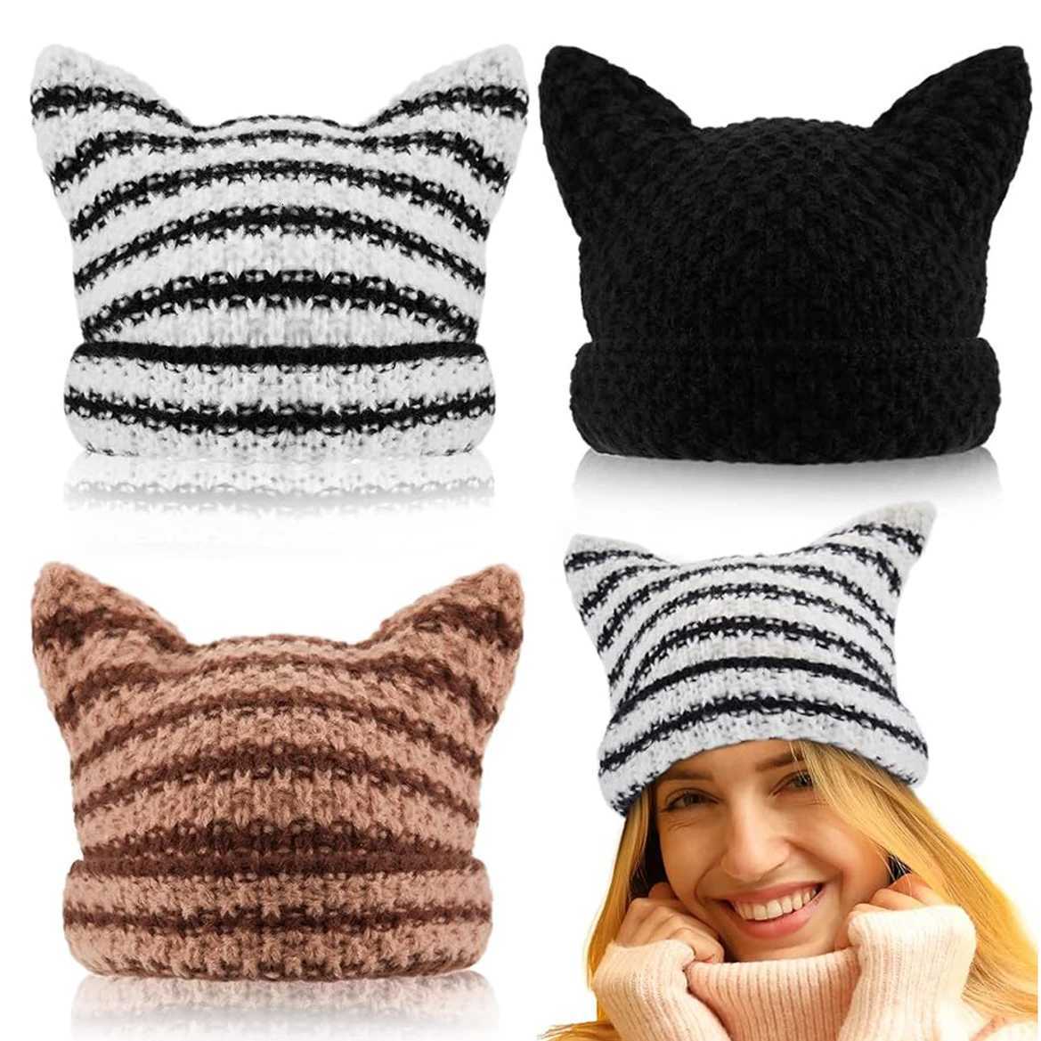 New Japanese Streetwear Harajuku Beanie Little Devil Striped Knitted Hat Women Girls Autumn Winter Cute Cat Ears CapXJ251110