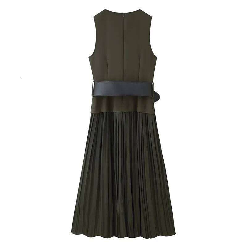 Chic Fashion Splicing Autumn Pleated Long For Women 2025 With Belt Midi Dress Woman Sleeveless Casual Dresses