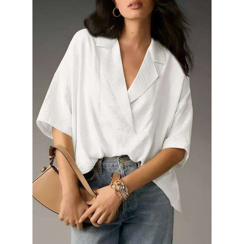2025 Amazon European and American Foreign Trade Women's Summer New Short Sleeve Turn-Down Collar Casual Loose Top Solid Color Shirt