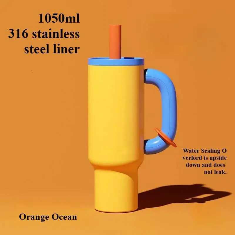 Fashionable cup 1050MLCar Thermos Cup With Straw HandleDouble Stainless Steel FlasksLarge Capacity DrinkwareOutdoor Block Water Bottle Y251110