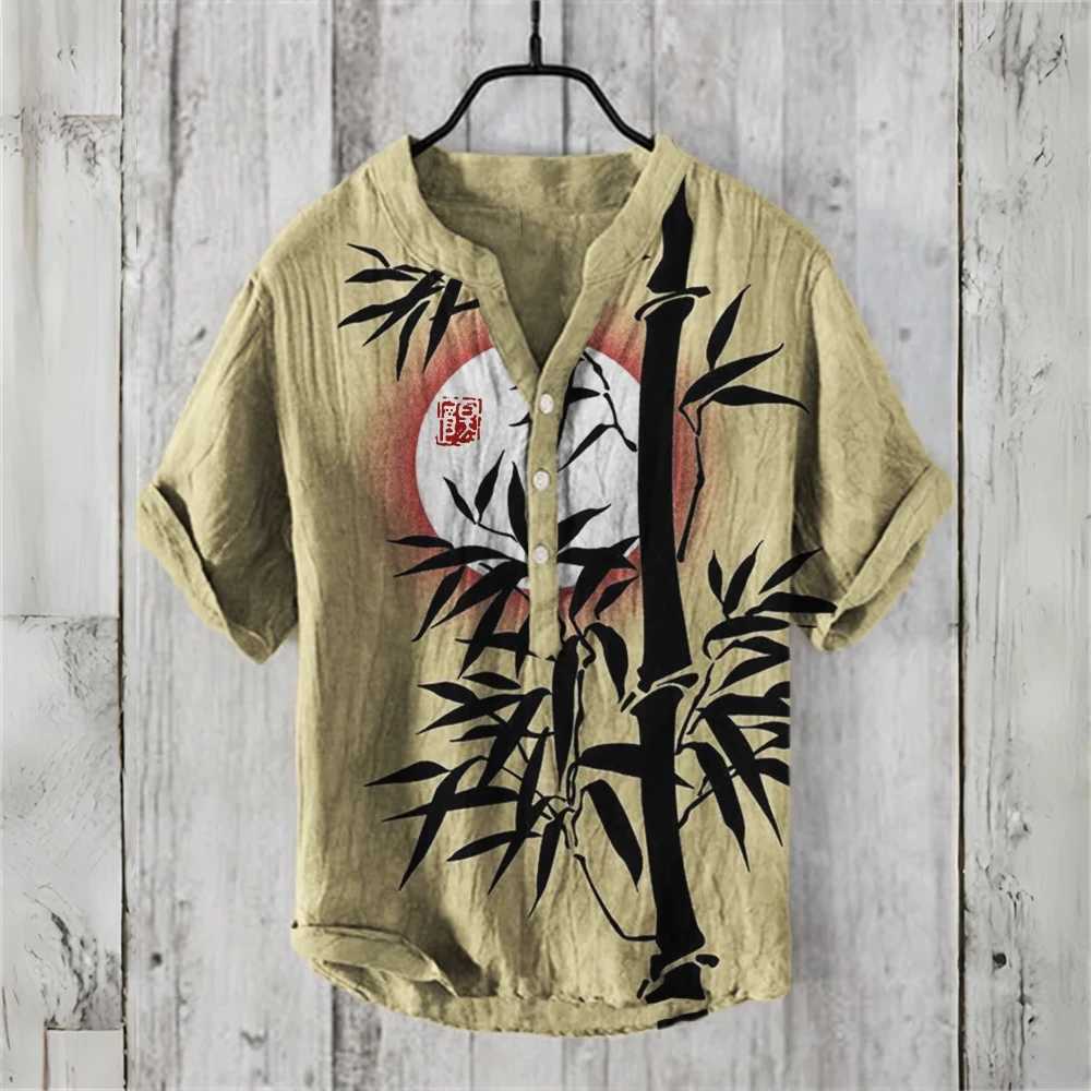 Mens short sleeved shirt imitating linen shirt hot selling casual Japanese retro Hawaiian vacation mens clothing X250410