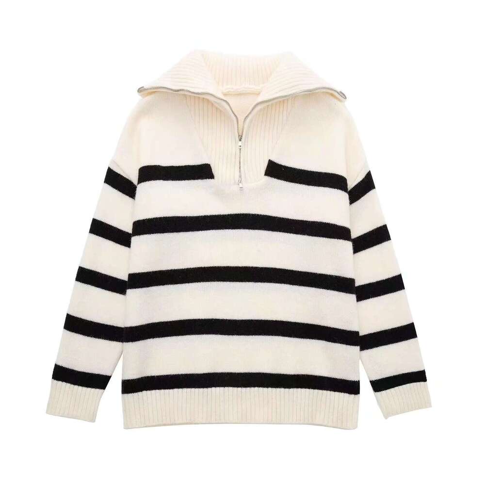 Color Block Striped Sweater Spring Autumn Top 2025 New Loose Lazy Korean Style Pullover Urban Half-Zip Knitwear