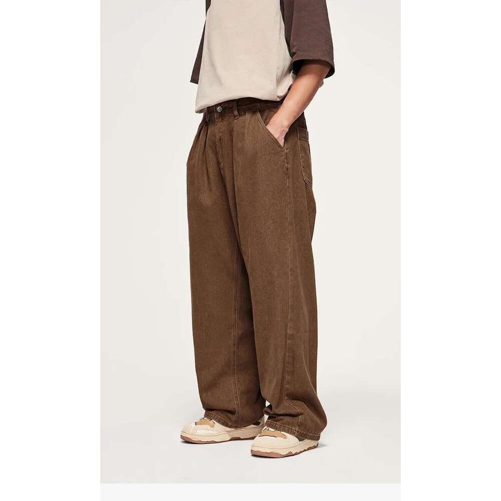 Brown Retro Washed Denim Pants Unisex Classic Straight Leg Jeans Male Trouesr Plus Size