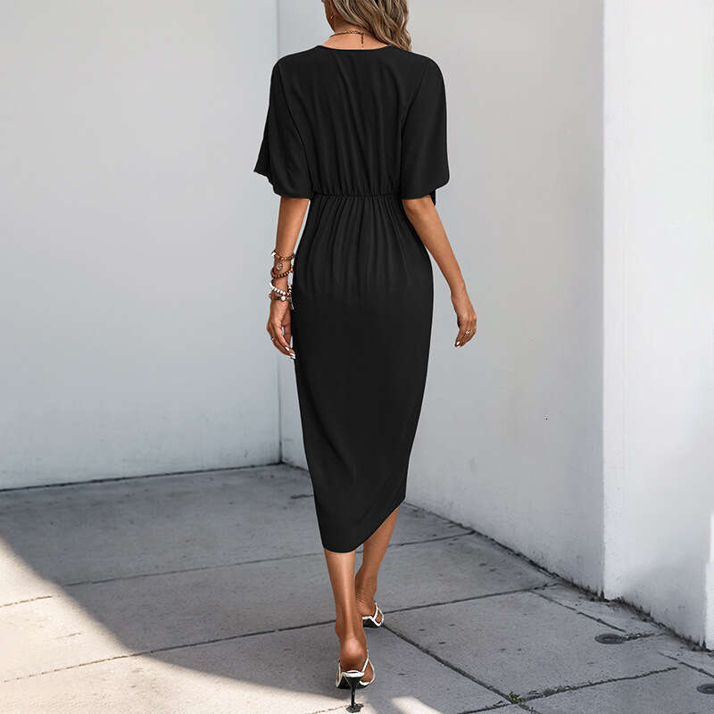 European and American hot selg dating simple style raglan sleeves solid color irregular dress 2025 new casual fashion trend clothing
