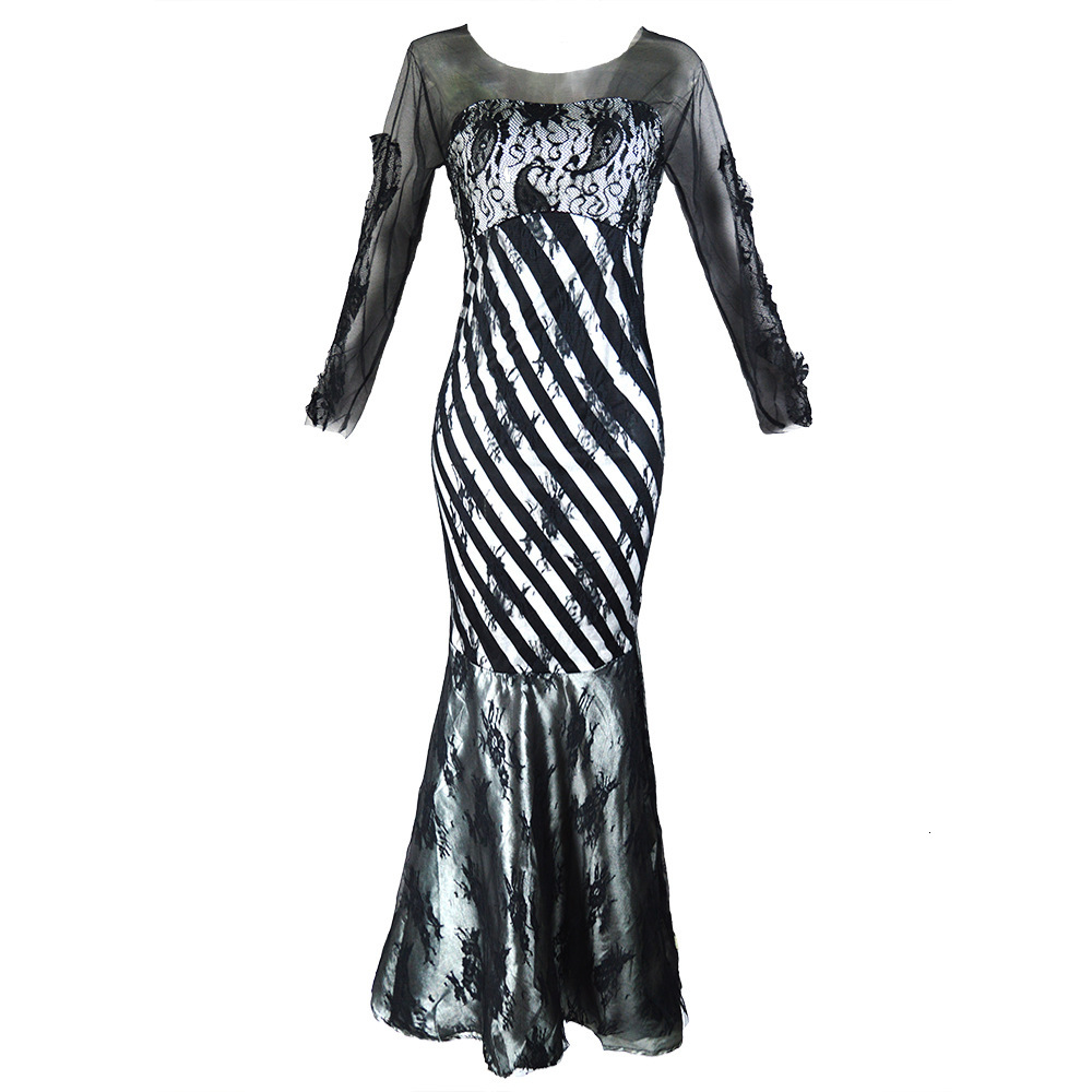 Female lace mesh slim fitting celebrity fan dance president style toast evening dress