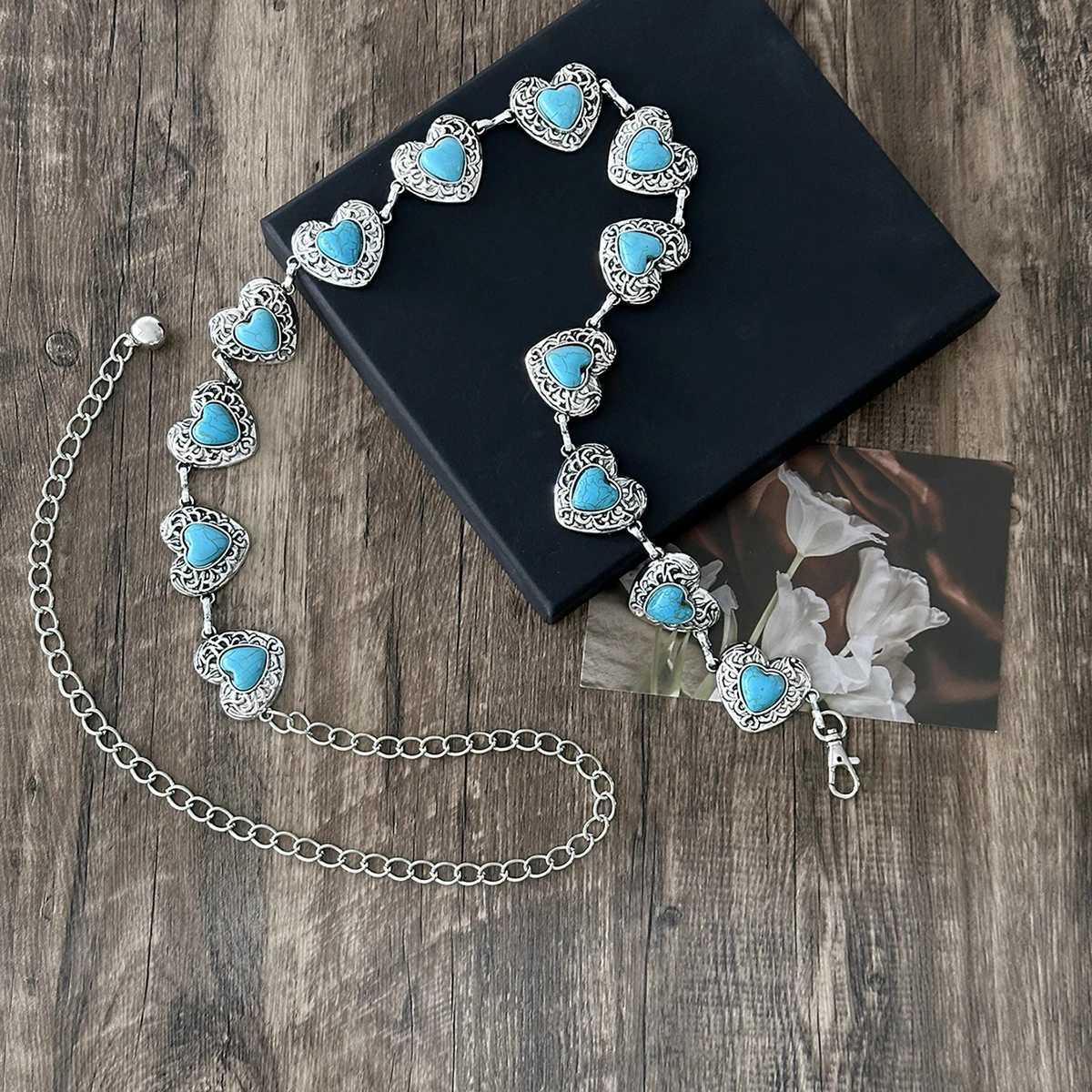 Bohen Retro Love Carved Turquoise Ladies Silver Waist Chain X250410