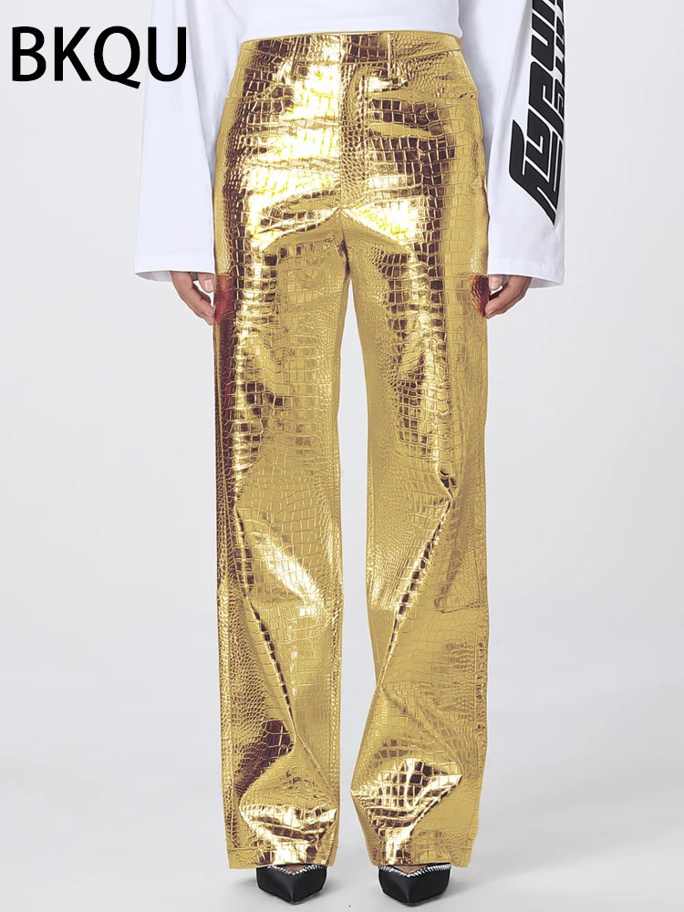 BKQU Gold Sliver Leather Straight Wide Leg Pants for Women Fashion Streetwear High Waist Scale Leather Party Club Trousers 250409
