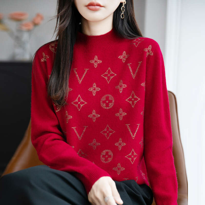 Elegant Knitted Woolen Sweater Half High Collar Slimming Women's Fine Spun Wool Diamond-Encrusted Base Shirt Comfortable Casual