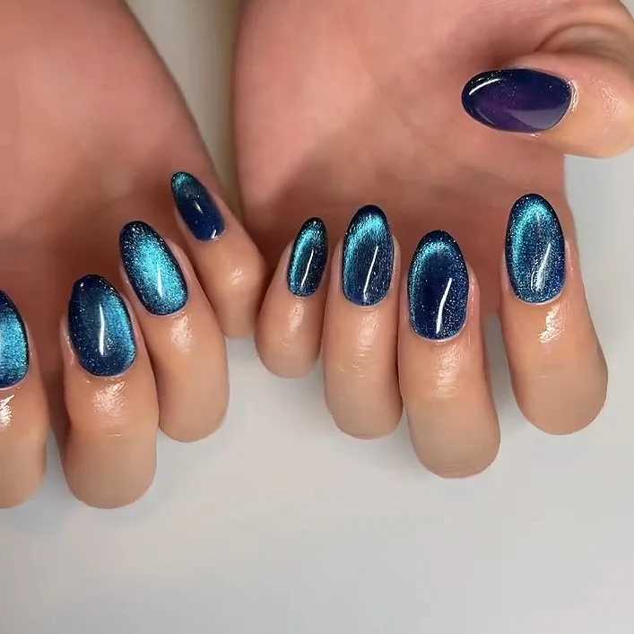 24pcs Cat Eye Short Fake Pressing Nail Tip Square Oval Design Fake Nail Set Reusable Artificial Fake Nail Full Cover W250410