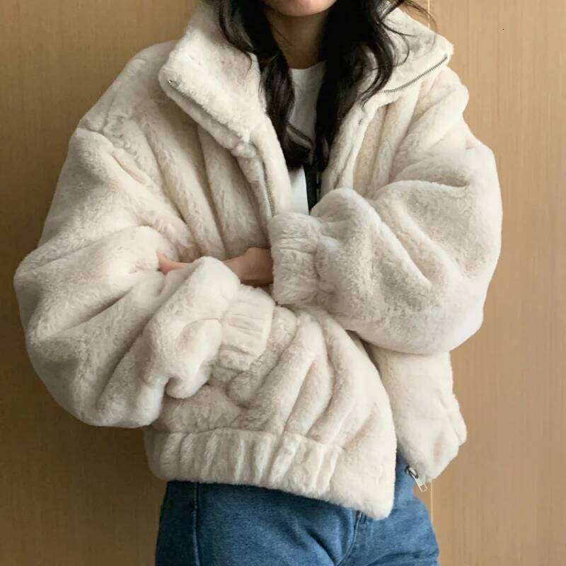 Women Autumn Winter Thicken Warm Coat Stand-Collar Loose Fur Plush Zipper Jacket Soft Comfortable Casual Simple Solid Outerwear