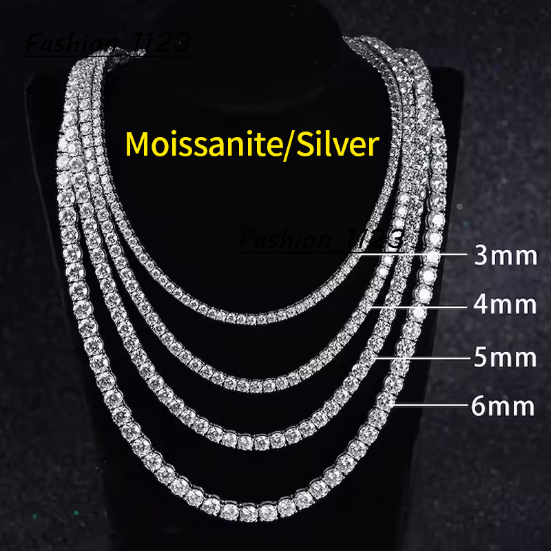 RINNTIN MON Pass Diamond Tester Hip Hop Jewelry 20mm 3mm 4mm VVS Moissanite Diamond 925 Silver Iced Out Tennis Chain Necklaces