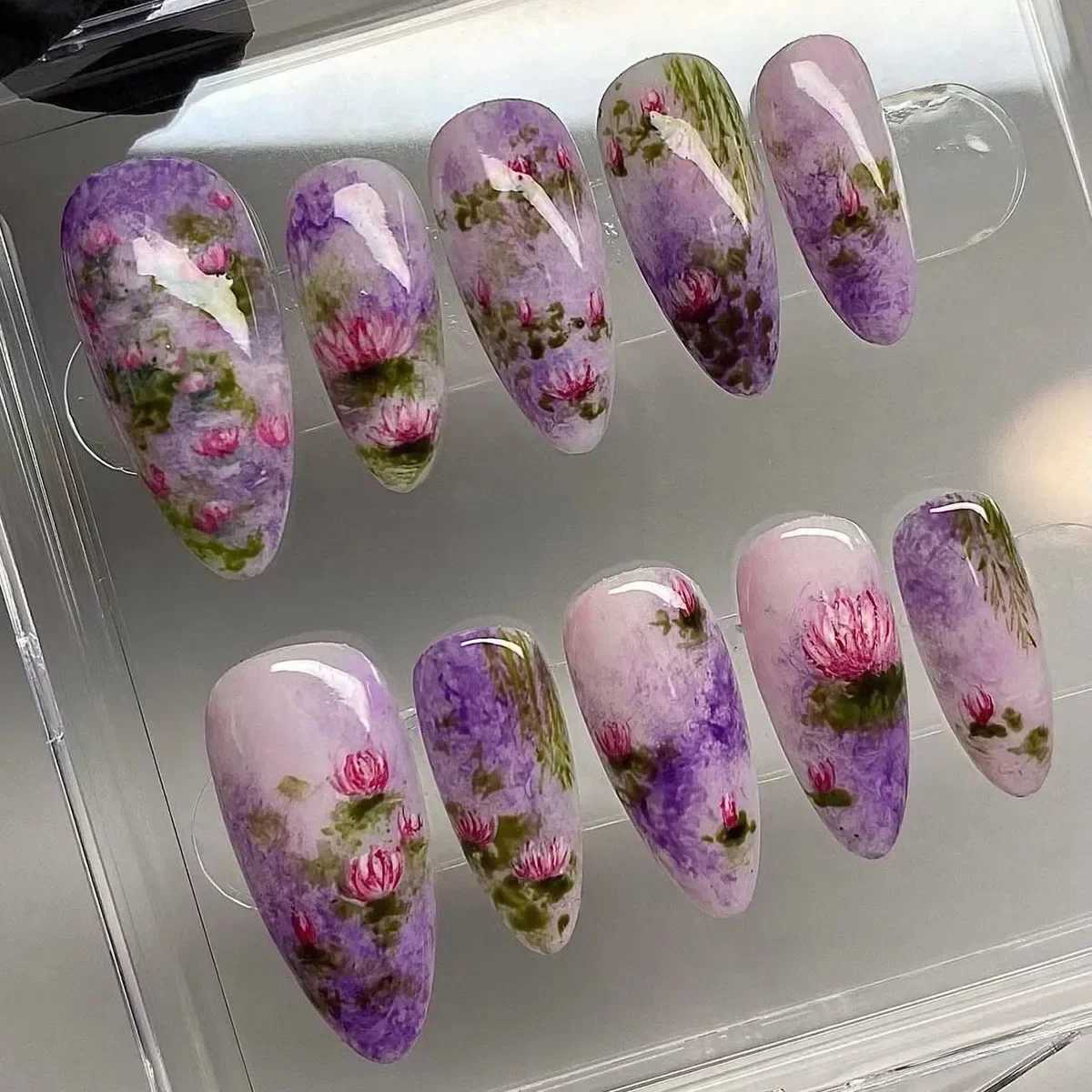 24 pieces of floral almond pressed nails with adhesive Mori girl nail art ballet country style full set wearable acrylic nail mechanical tip W250410