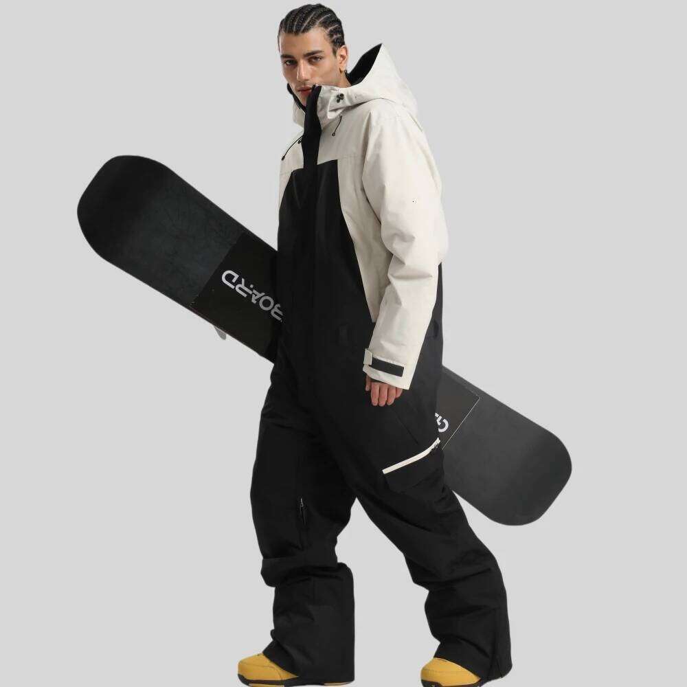 Color Blocking Men Loose Snowboard Suit Insulated One Piece Winter Coveralls Alpine Sports Waterproof Skiing Jumpsuit