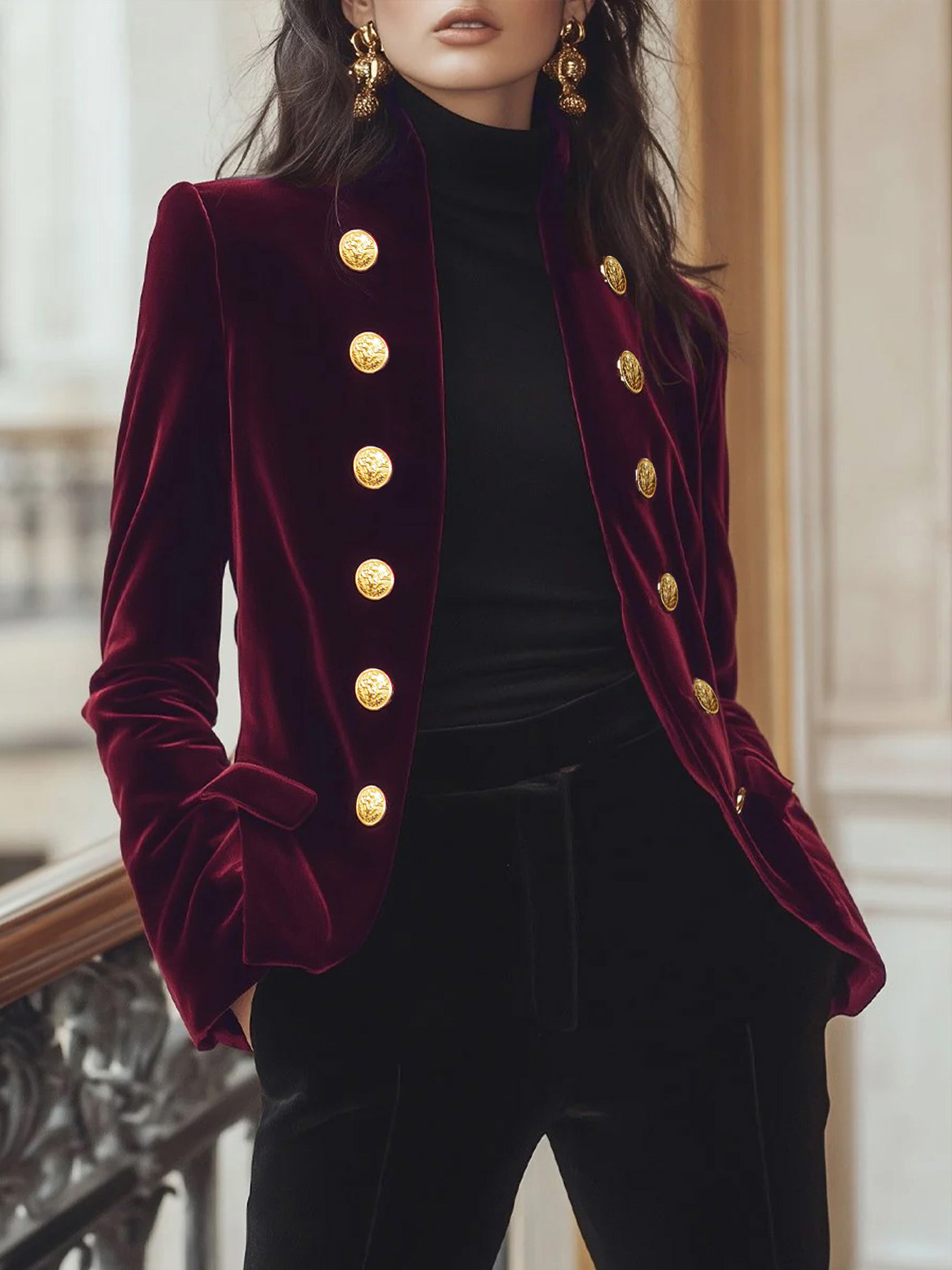 Women's Elegant Velvet Blazer, Metal Double-Breasted Slim Fit Evening Coat, Wine Red---D359