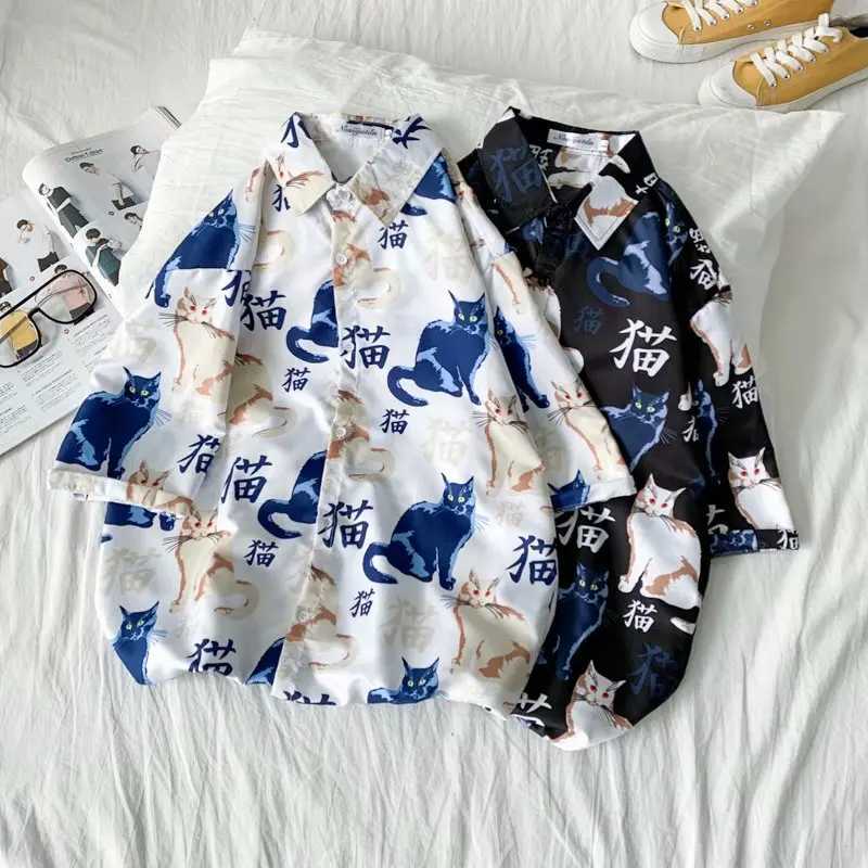 2020 Fashion Mens Short sleeved Hawaiian Shirt Quick Dry Plus Asian Size M-3XL Summer Casual Cute Mens Beach Cat Shirt X250410