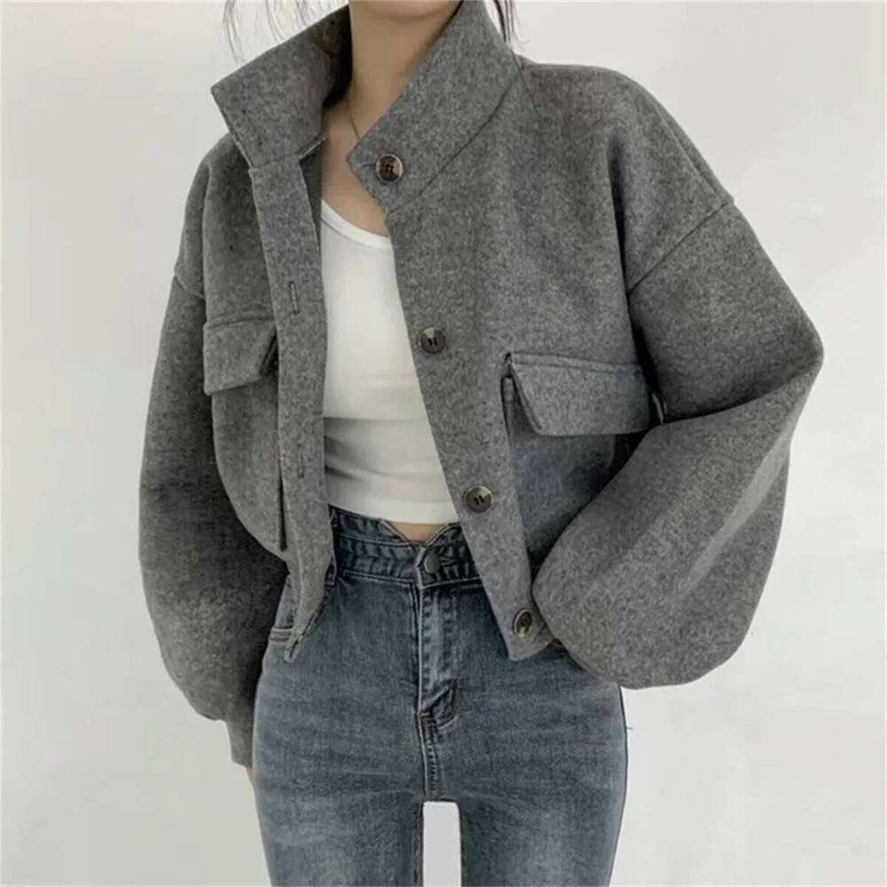Korean Fashion Autumn Winter Coat Women New In Stand Neck Solid Button Loose Jacket Lady Casual Street Outwear Vintage Clothes