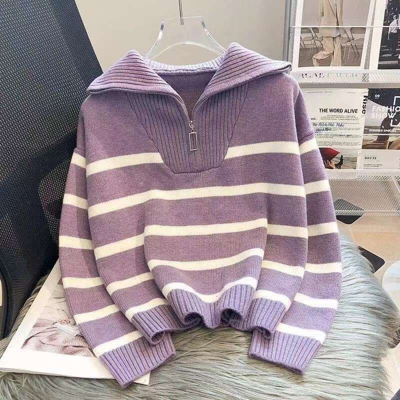 Color Block Striped Sweater Spring Autumn Top 2025 New Loose Lazy Korean Style Pullover Urban Half-Zip Knitwear