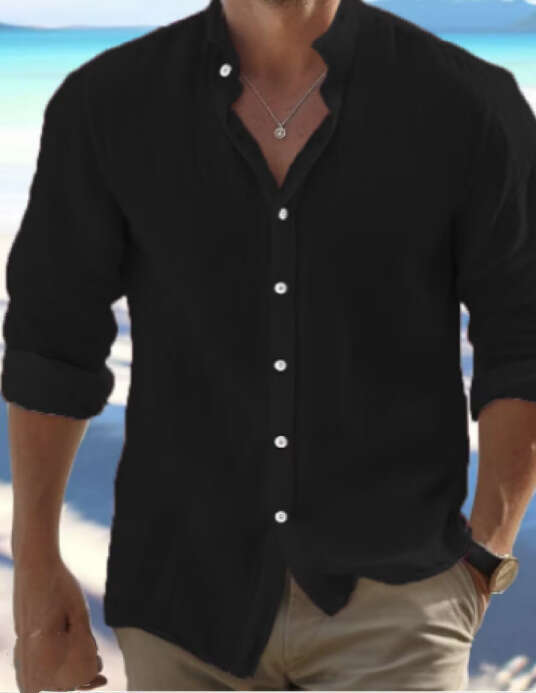 Cross-border Men's Linen Button-up Beach Shirt Long Sleeve Solid Color Stand Collar Spring Summer Casual Daily Clothing