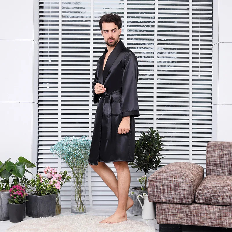 Large Size Men Robe Kimono Bathrobe Gown with Pocket Black Silk Satin Sleepwear Nightwear Spring Summer Homewear 5XL 6XL 7XL 250409