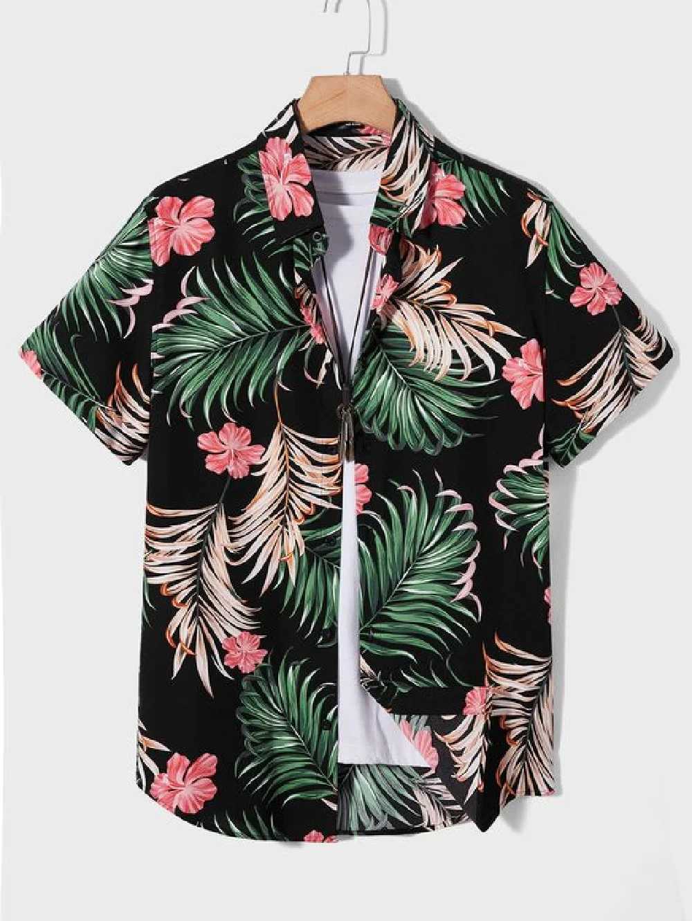 Mens short sleeved shirt summer Hawaiian style lapel button up shirt casual fashion plus size X250410