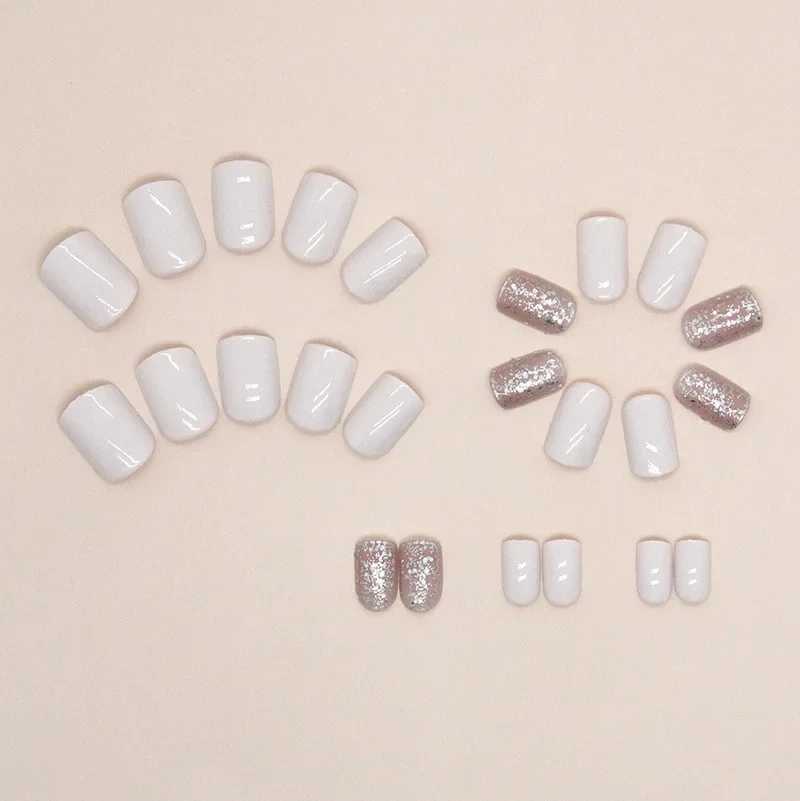 24 pieces of milk white sparkling fake nails with jelly stickers pressed on top of the fake nails wearable round headed oval shaped fully covered nail