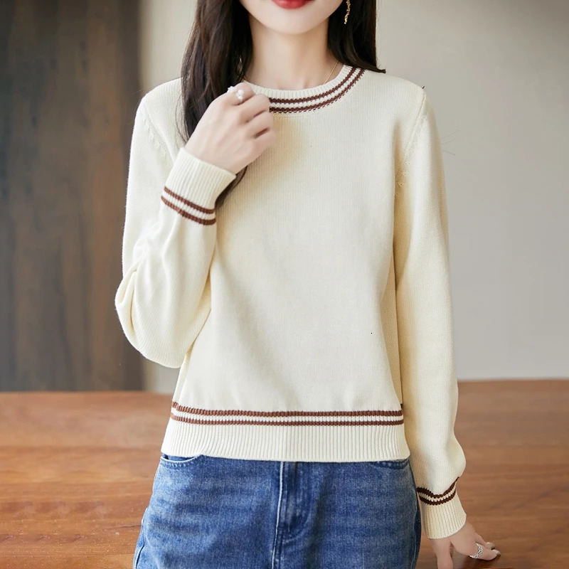 Autumn and winter womens 100 pure cotton sweater casual O-neck knitted pullover loose color matching selling womens top 251105