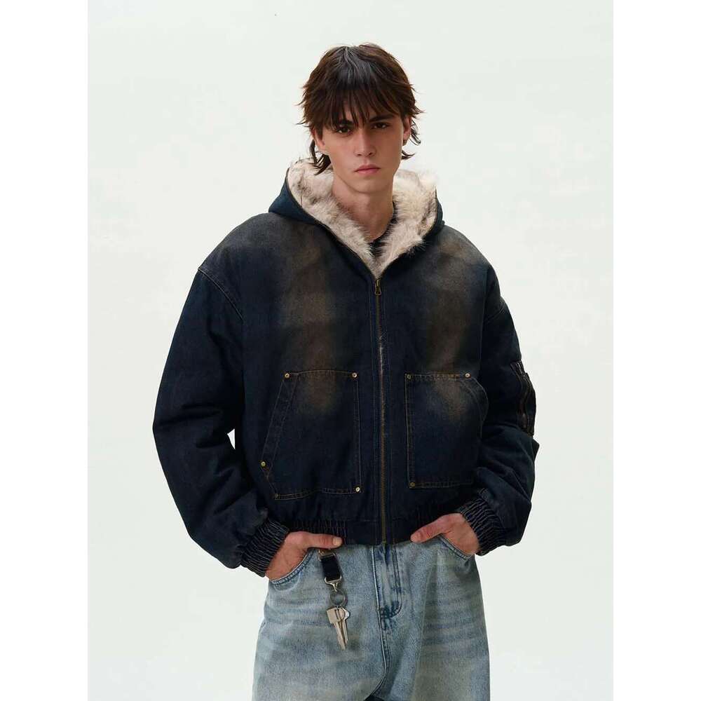 Fur Collar Denim Parkas Men's And Women's Distressed Puffer Jacket Hip Hop Thickened Warm Coat Short