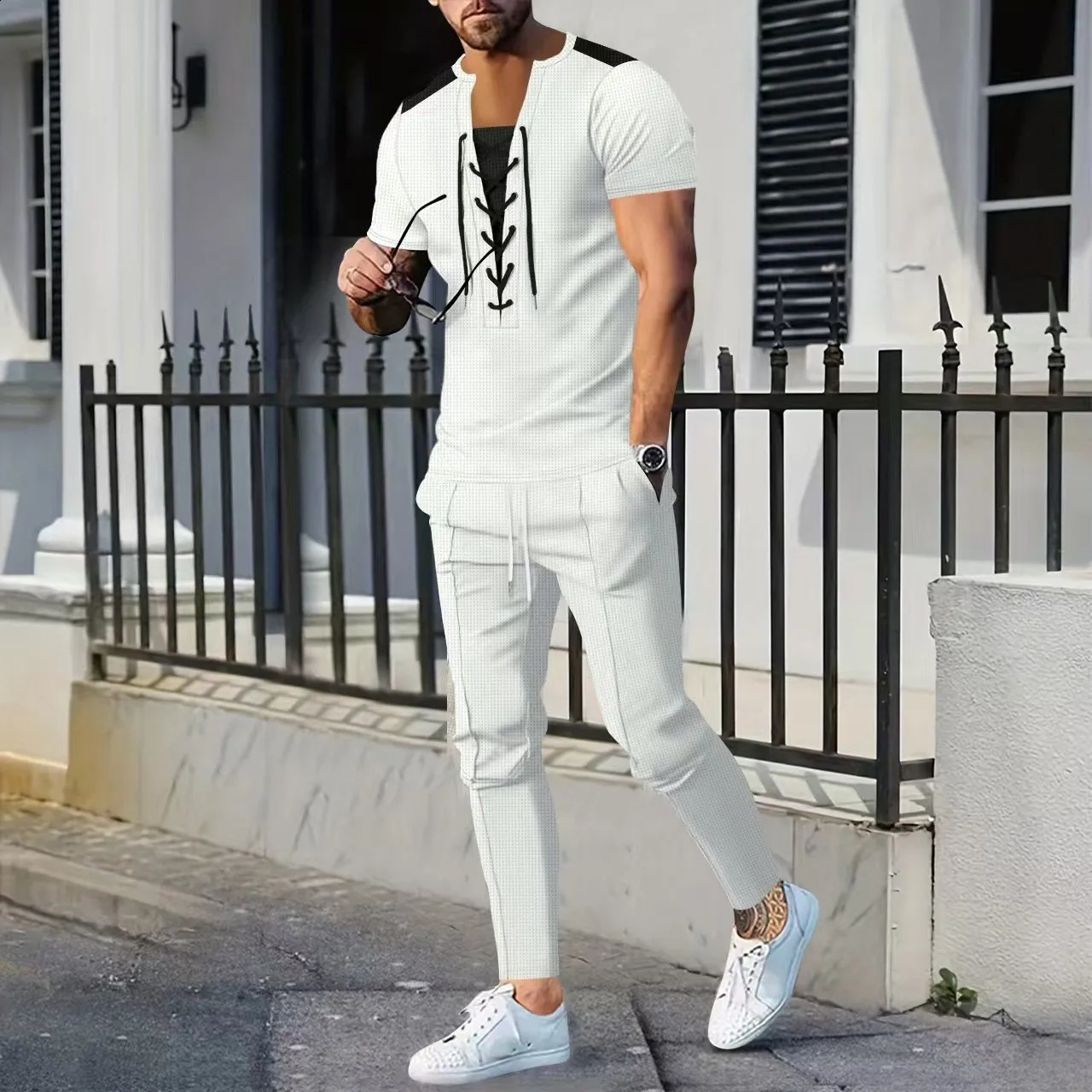 The 2025 Mens casual solid color Waffle rope short-sleeved summer casual pants suit 250407