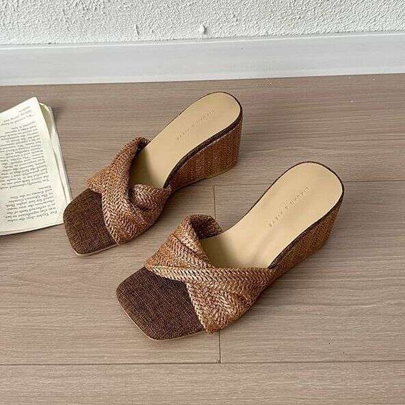Wedge Heel Slip-On Designer Shoe Sandals Fall Woven peep toe wide heels with Skirts for Women