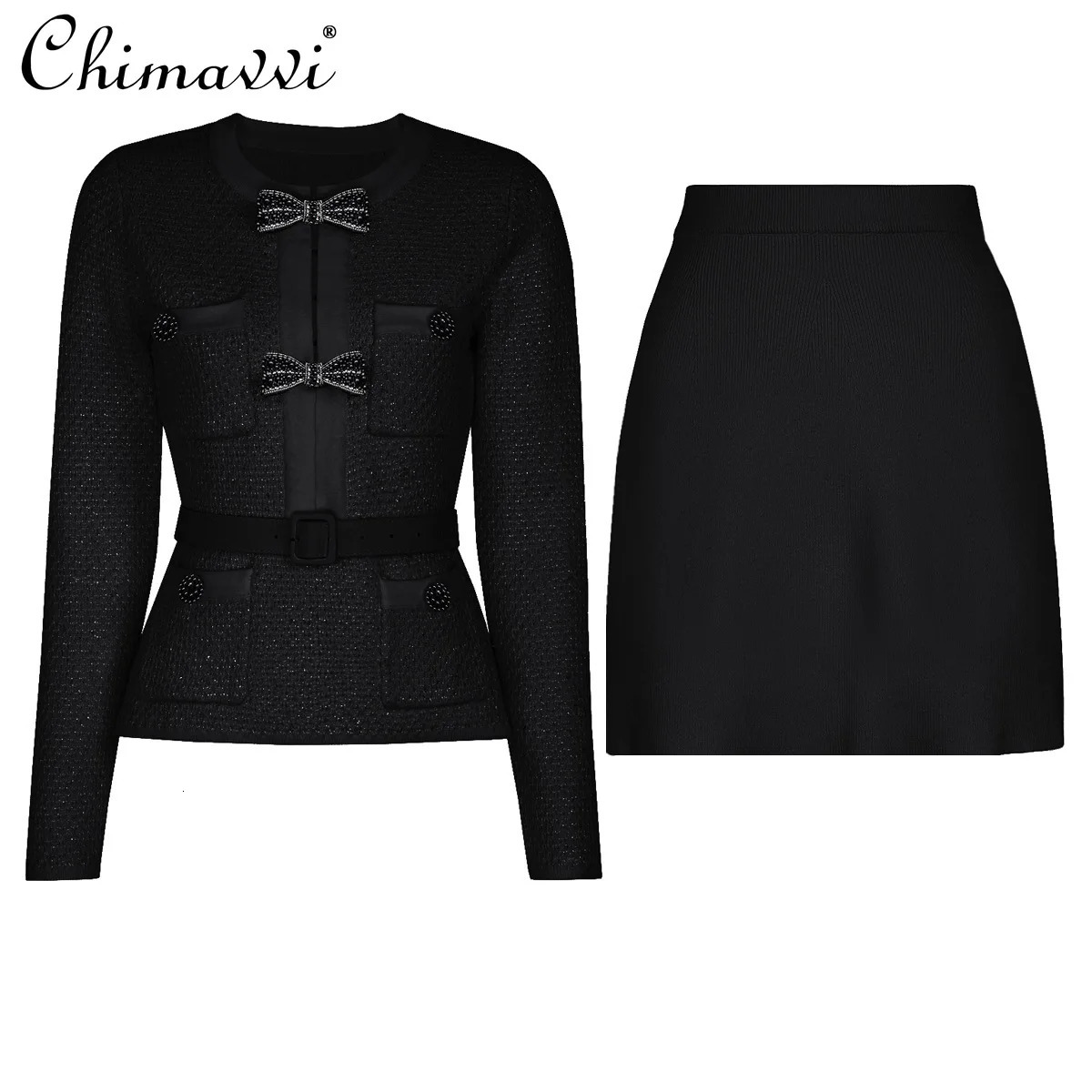 Autumn Clothes Heavy Bow Beaded Slimming Long Sleeve Knitted Top Skirt Set Elegant Black Women TwoPiece 251110