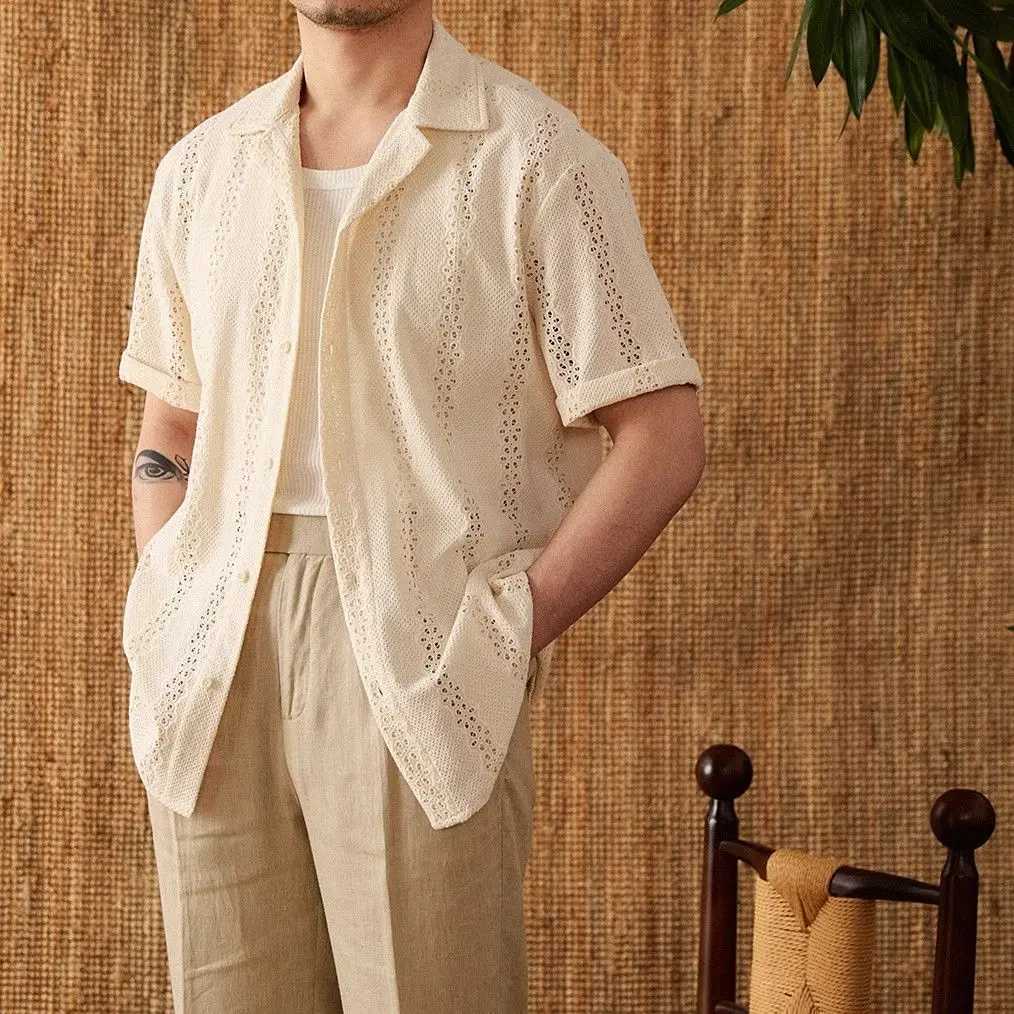Summer thin jacket short sleeved shirt mens set light mature hollow leisure vacation Cuban collar casual shirt men X250410