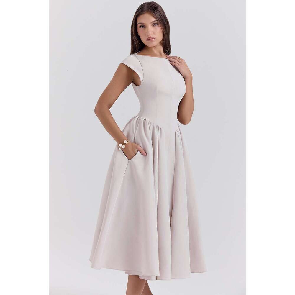 European American spring and summer backless round neck sleeveless vest skirt women's French niche medium long dress solid color 2025 new casual 