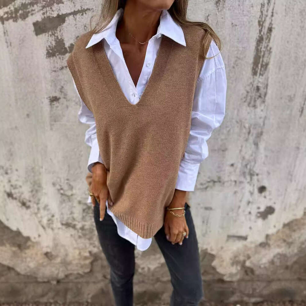 Cross-Border Autumn and Winter Casual V-Neck Knitted Solid Color Sweater Versatile Basic Vest