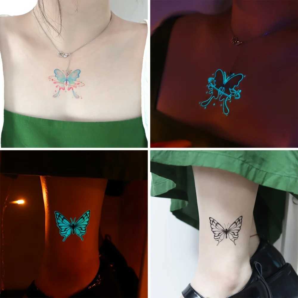 12 Butterfly Luminous Temporary Tattoos Blue Luminous Tattoo Stickers Female Hand Face Tattoos Music Party Decoration W250410