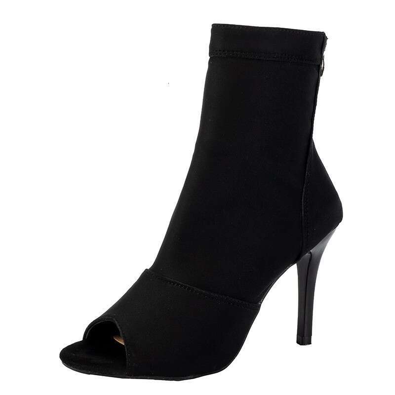 Woman Sandals Open Toed Summer Sexy Jazz High Latin Fish Mouth Slim Heels Short Boots Black Stretch Fabric Dance Shoes