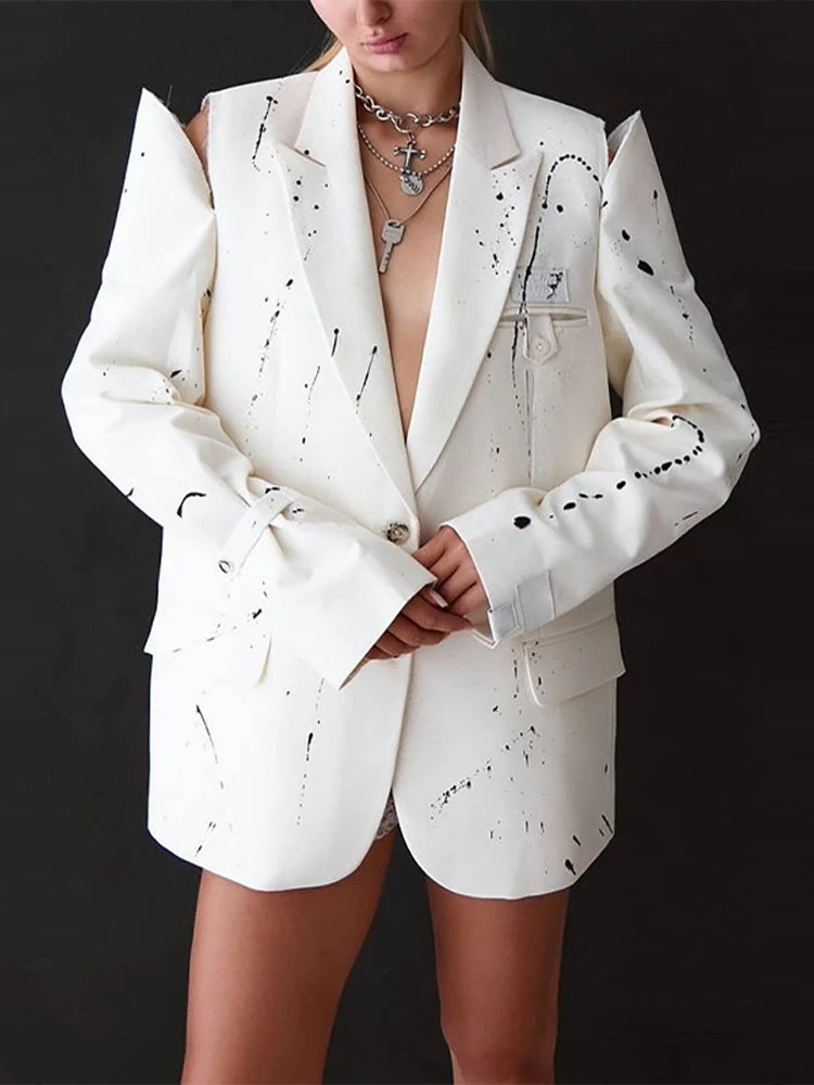 Graffiti Hollow Out Off Shoulder Coat Woman Loose Print Lapel Single Breasted Long Sleeves Jacket Casual Chic Womens Suit Coats 251110